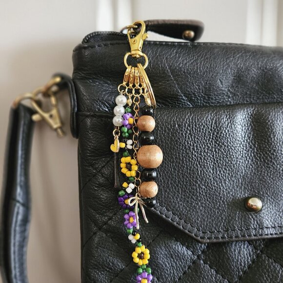 Floral Beaded Charm Keychain | Handmade Keyring with Wood Beads, Pearls, Bees - Picture 5 of 7